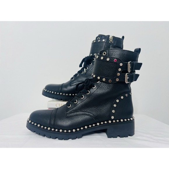 Sam Edelman Shoes - Sam Edelman Jennifer Black Leather Studded Ankle Combat Lace Up Side Zip Boots 7